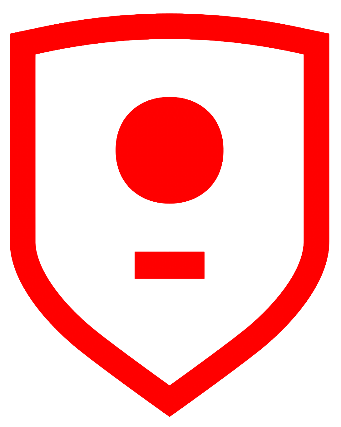 Red emblem on black background: a thick rounded-square border enclosing a central red circle and a small red rectangle at the bottom center.