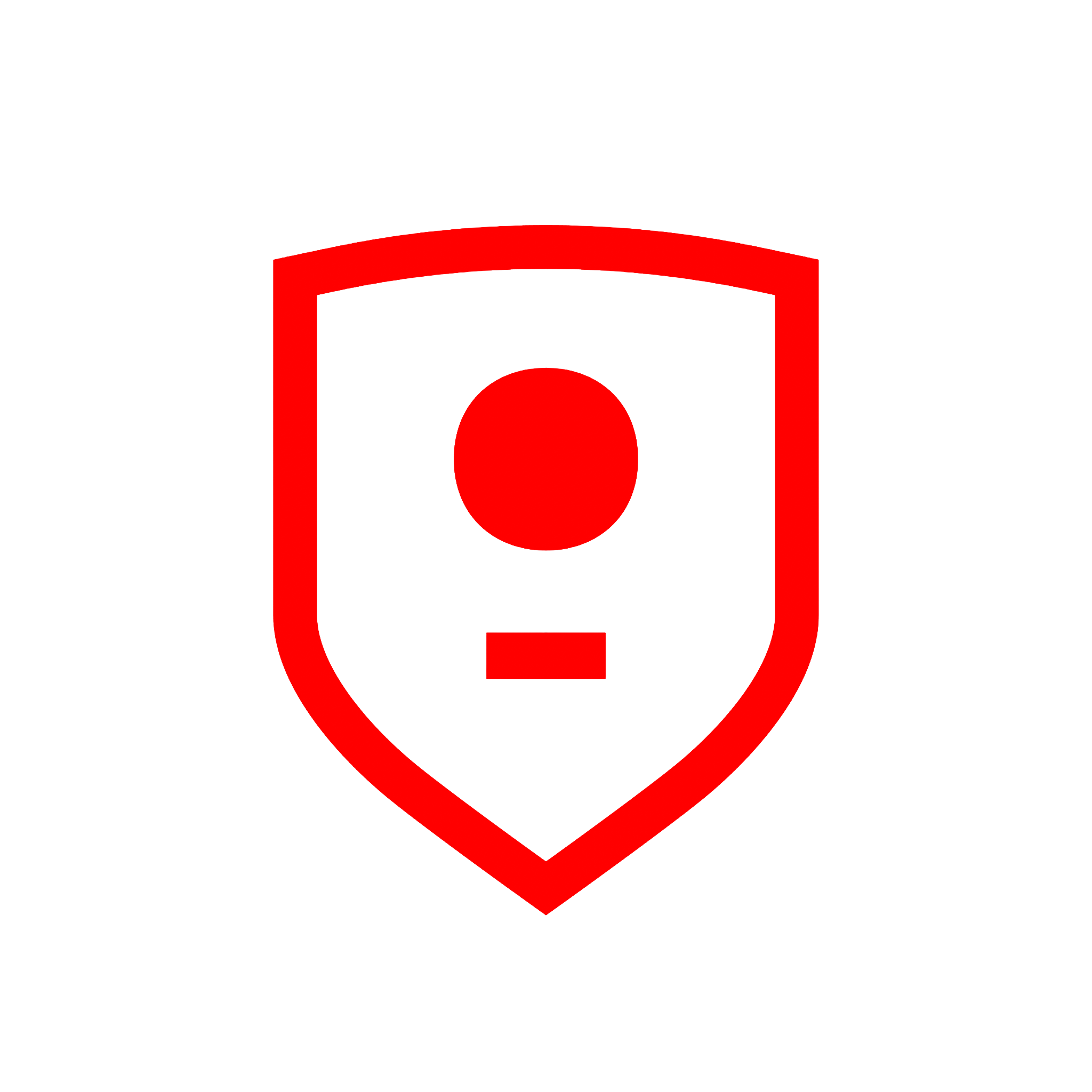 Red emblem on black background: a thick rounded-square border enclosing a central red circle and a small red rectangle at the bottom center.