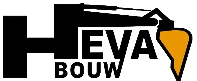 Logo for HEVA BOUW, featuring bold black text with a stylized saw blade motif in orange.