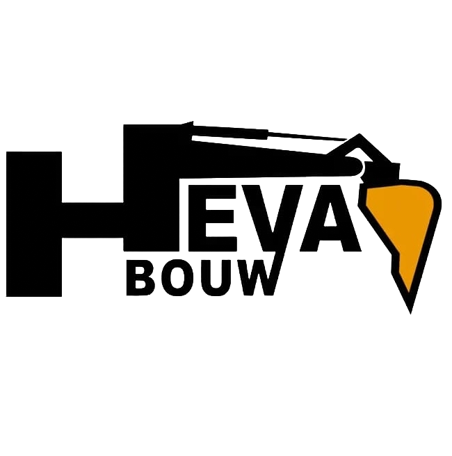 Logo for HEVA BOUW, featuring bold black text with a stylized saw blade motif in orange.