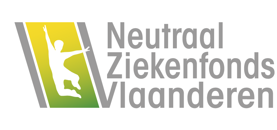 Logo of Neutraal Ziekenfonds Vlaanderen; white jumping figure on a yellow-to-green panel with gray diagonal stripes.