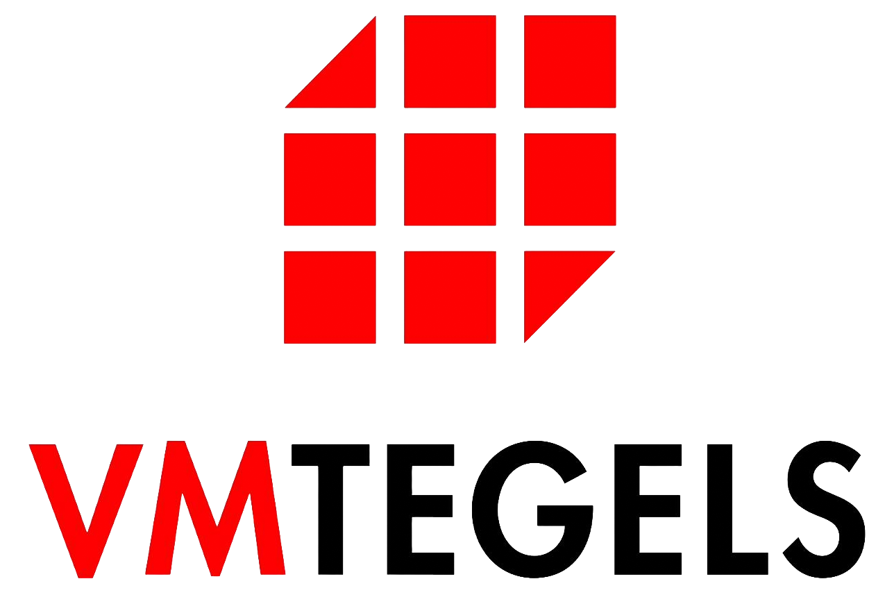 Red geometric logo: a 3x3 grid of red tiles with two triangular cutouts, paired with the bold word 'VMTEGELS' where 'VM' is red and the rest black/outlined.