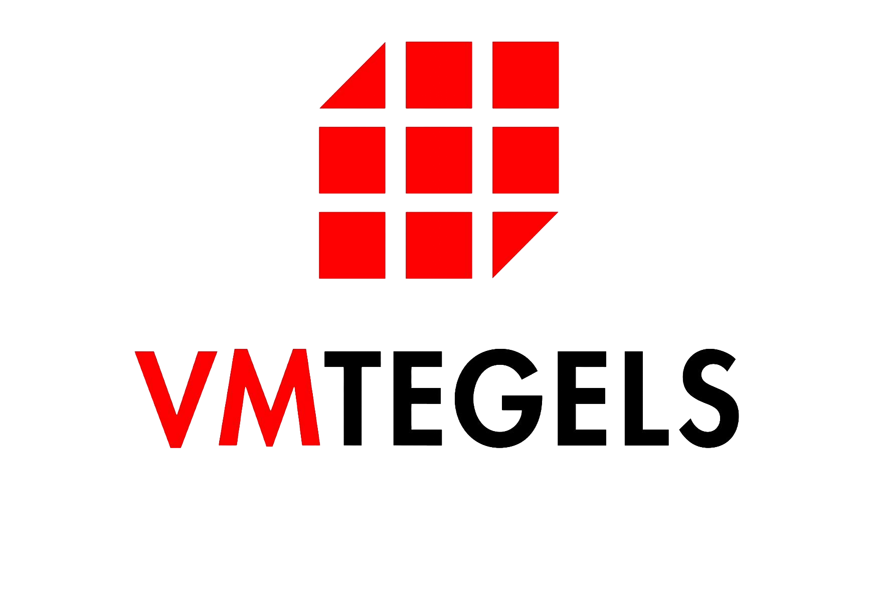Red geometric logo: a 3x3 grid of red tiles with two triangular cutouts, paired with the bold word 'VMTEGELS' where 'VM' is red and the rest black/outlined.