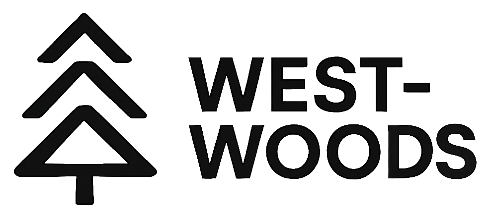 West Woods logo: three minimalist pine trees to the left and bold 'WEST WOODS' text to the right