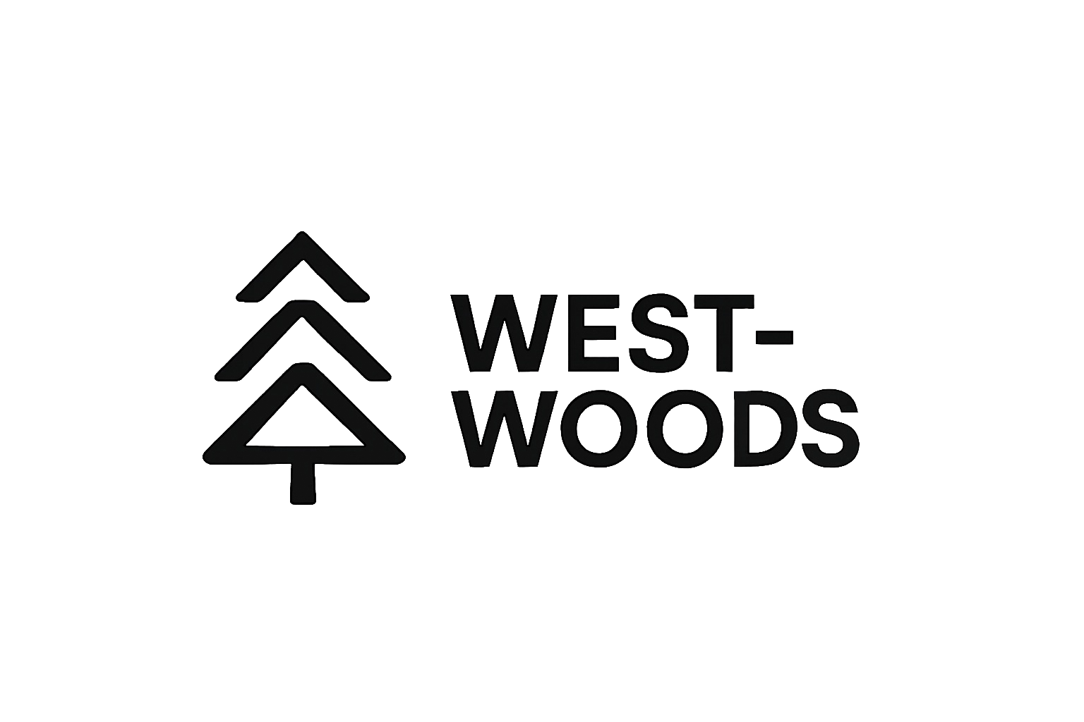 West Woods logo: three minimalist pine trees to the left and bold 'WEST WOODS' text to the right