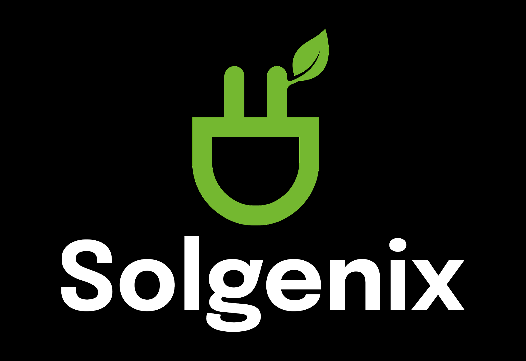 Solgenix logo: green plug icon with a leaf on a black background.